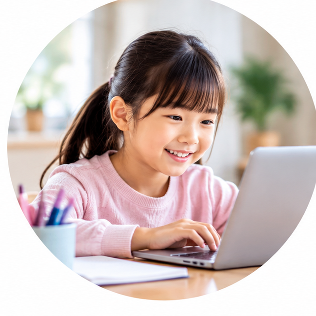 Child smiling while starting the daily question on a laptop