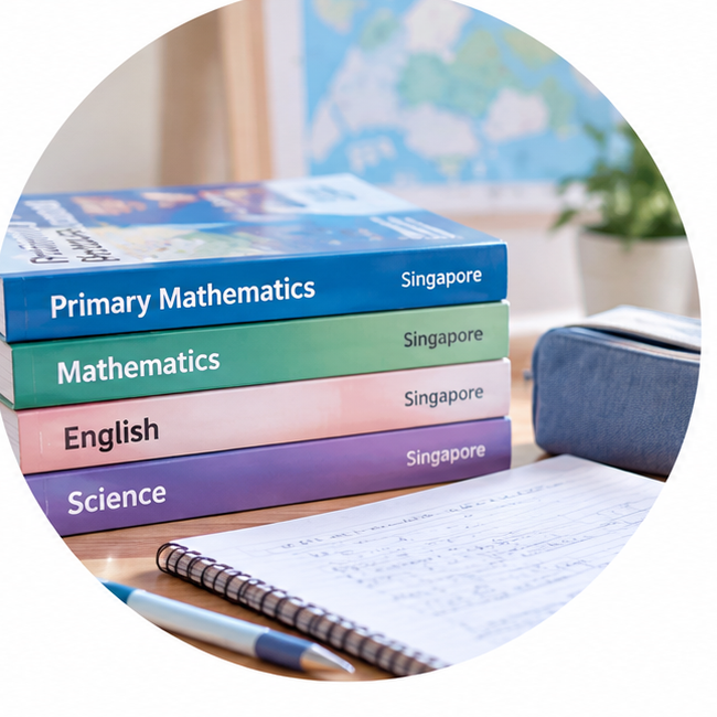 Stack of Singapore school textbooks beside a notebook and pen